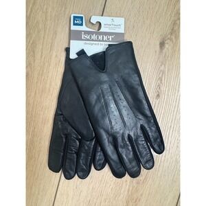 Isotoner Men's Black Genuine Leather Gloves SmarTouch Touchscreen Compatible MED